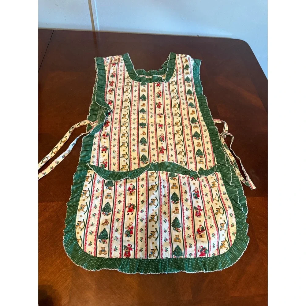 Vintage Christmas Pinafore Apron Santa Tree Teddy Bear Ruffle Green Polka Dot